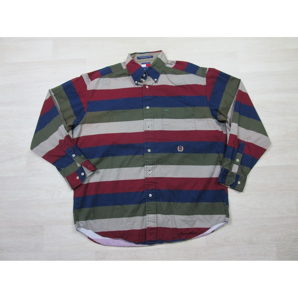 Vintage 90s Tommy Hilfiger Men's (M) Striped‎ Color Block Collared Button Shirt
